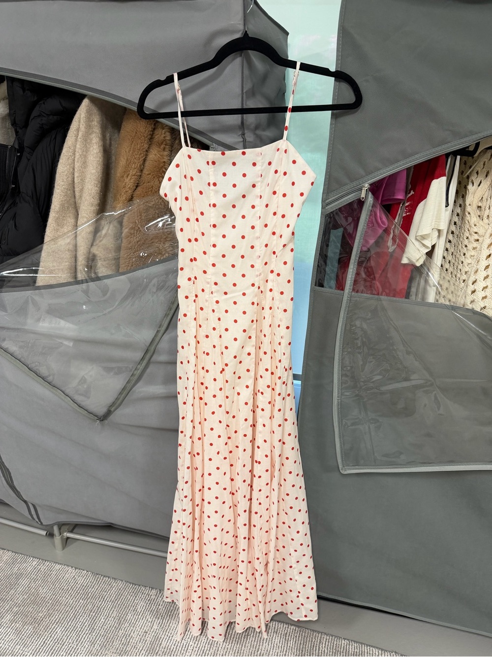 Posse Cream Maxi Slip Dress with Red Polka Dots